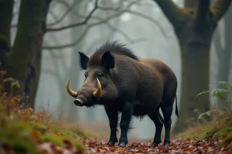 Sanglier sauvage imposant dans une forêt européenne automnale, montrant ses défenses et son pelage épais