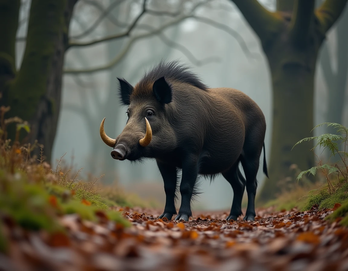 Sanglier sauvage imposant dans une forêt européenne automnale, montrant ses défenses et son pelage épais