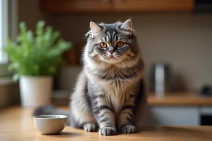 Chat Scottish Fold mâle adulte au pelage gris argenté assis sur un comptoir en bois dans une cuisine domestique