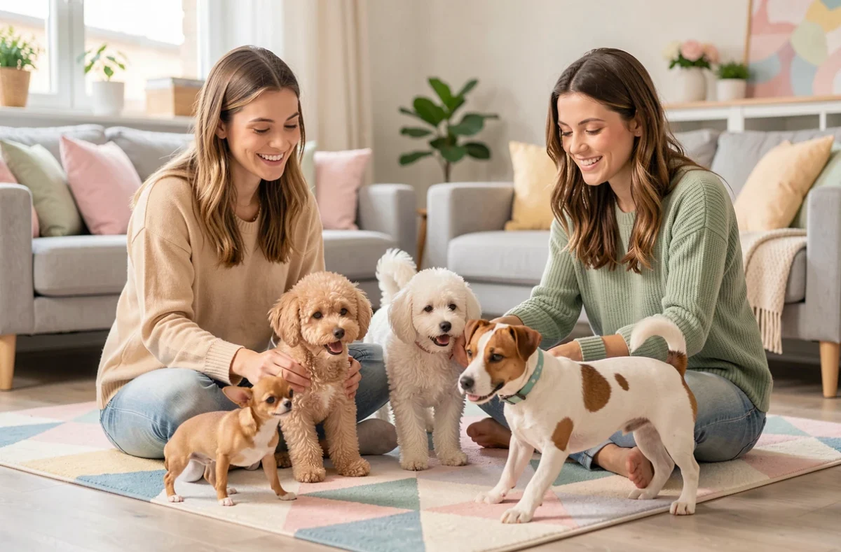 Sisters Pets à Villeurbanne, deux soignantes assises sur le sol d'un salon moderne jouent avec un chihuahua, un bichon frisé et un jack russell dans un cadre de garde à domicile chaleureux