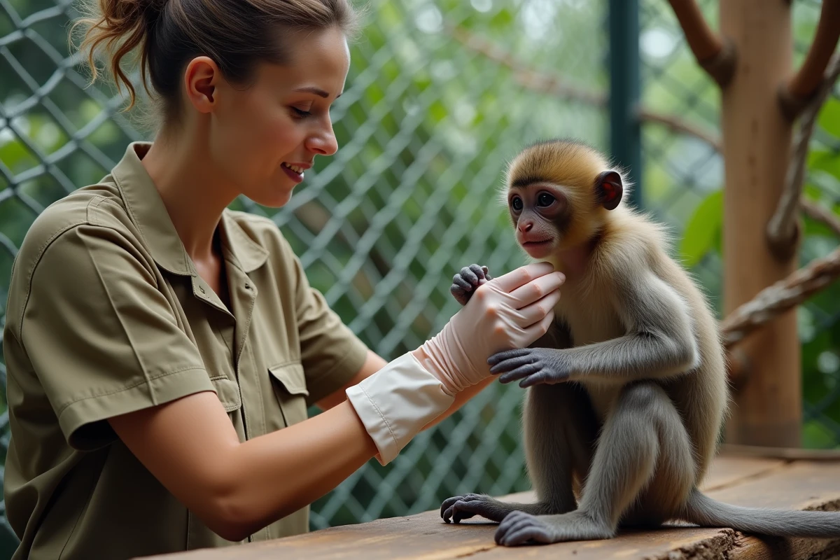 Soigneuse en refuge primate qui prend soin d'un singe capucin lors d'une séance de toilettage bienveillante