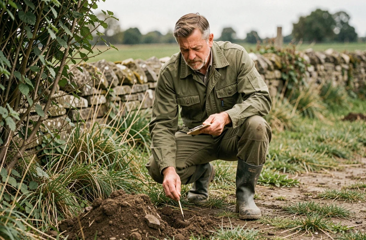 Spécialiste en nuisibles inspectant des traces de sanglier en bordure de champ agricole en France
