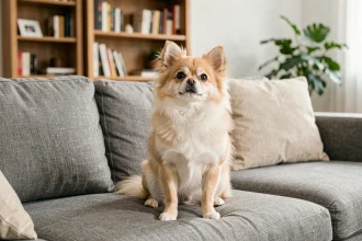 Spitz chiwawa au pelage crème assis calmement sur un canapé gris dans un appartement moderne