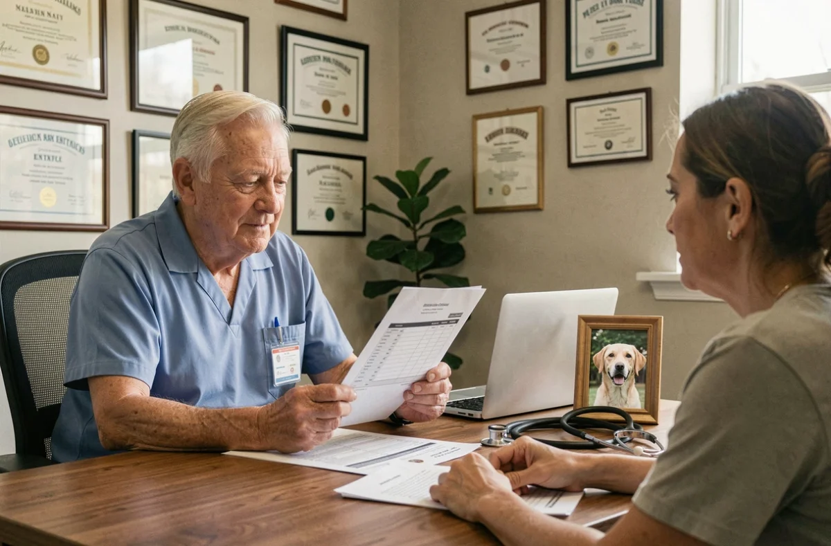 Vétérinaire expliquant le tarif d'euthanasie d'un chien à un propriétaire dans son cabinet