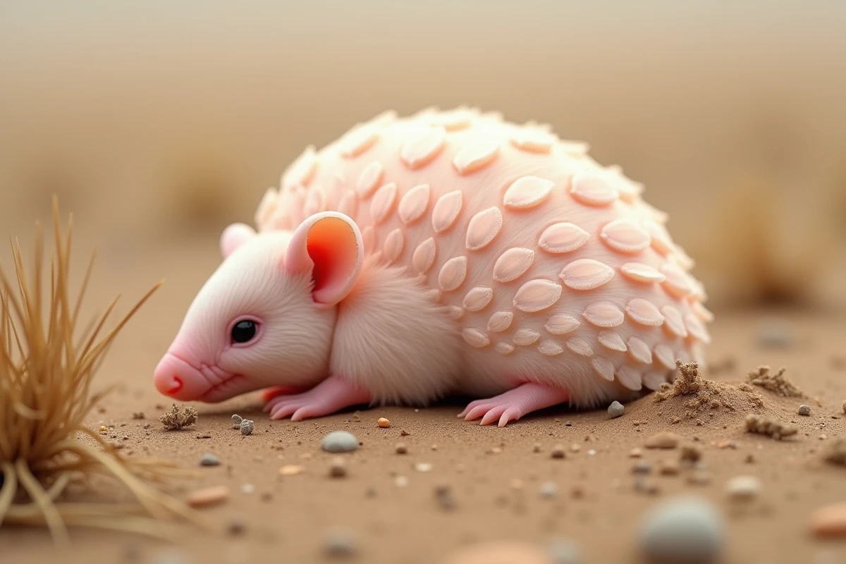 Tatou rose fée (Chlamyphorus truncatus) sur sol sablonneux en Argentine, l'un des animaux les plus rares et étranges du monde