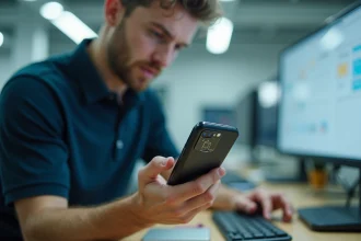 Technicien tenant un smartphone avec le tiroir SIM visible, illustrant la technologie de localisation par carte SIM