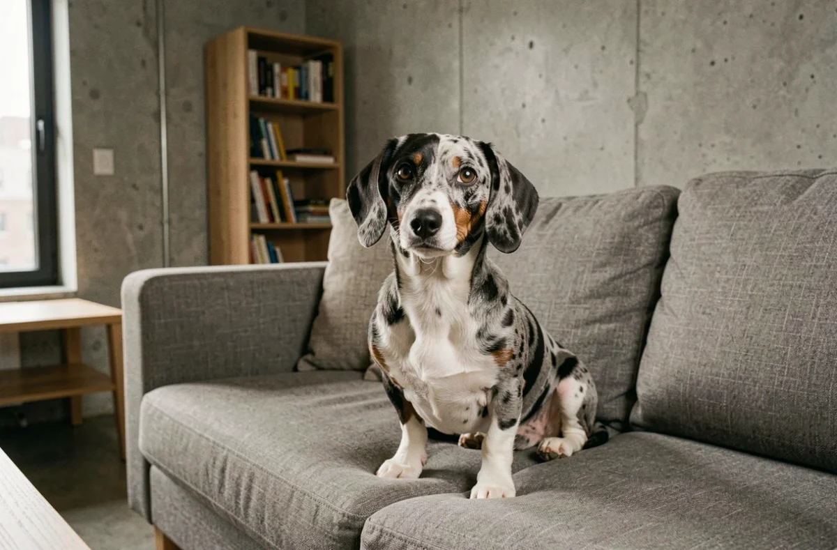 Teckel Arlequin nain assis sur un canapé dans un appartement moderne, illustrant la vie en appartement avec ce chien de petite taille