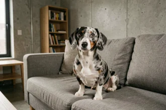 Teckel Arlequin nain assis sur un canapé dans un appartement moderne, illustrant la vie en appartement avec ce chien de petite taille