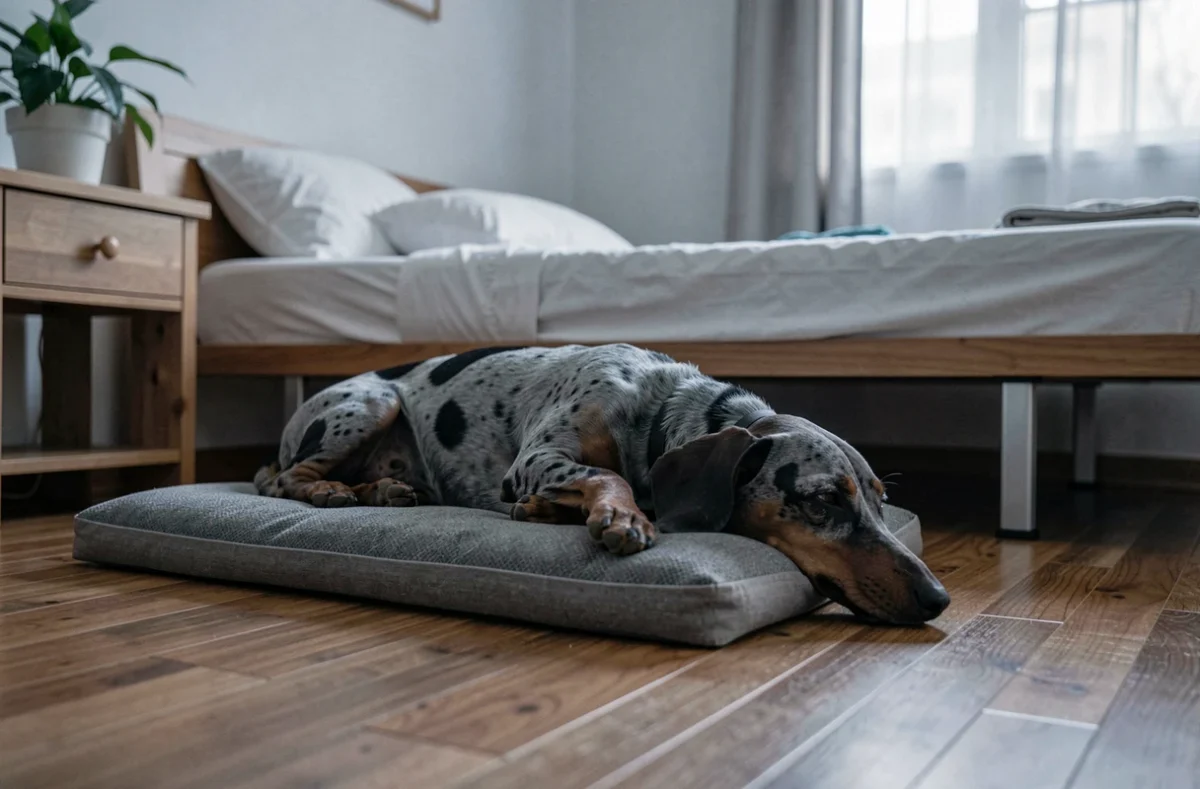 Teckel Arlequin nain allongé sur son coussin orthopédique dans une chambre d'appartement, montrant son adaptation à la vie en intérieur