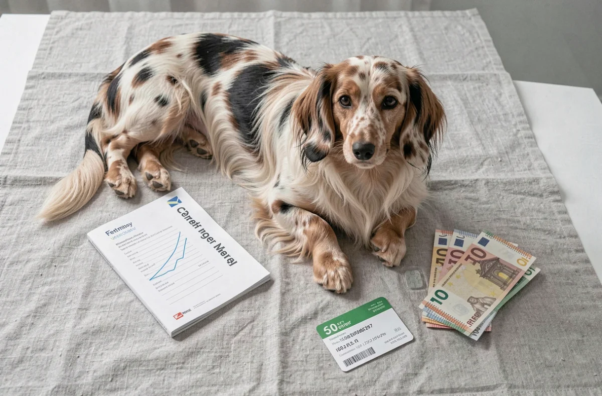 Teckel arlequin poil long avec carnet de santé, puce électronique et billets pour illustrer le prix d'achat
