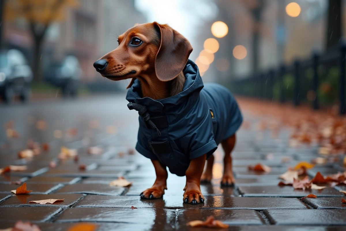 Teckel en manteau imperméable bleu marine sur pavés mouillés sous la pluie d'automne, pattes courtes bien dégagées