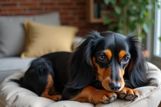 Teckel nain poil long arlequin allongé sur un canapé en lin dans un appartement moderne et cosy