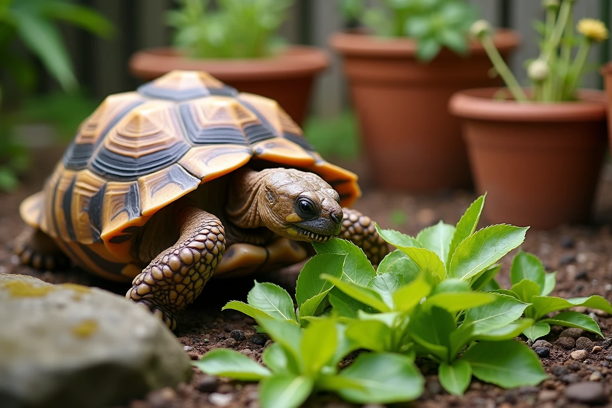 Tortue terrestre qui mange des feuilles de pissenlit dans son enclos naturel aménagé au jardin