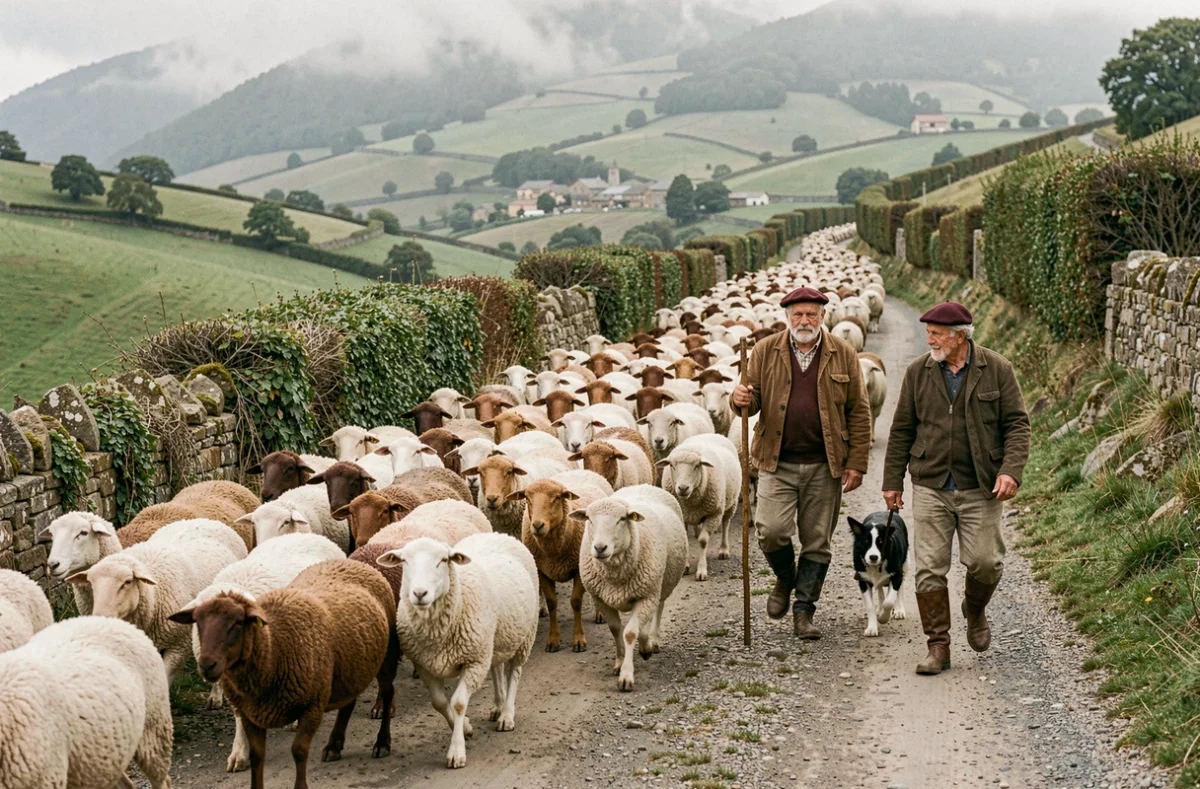 Troupeau de brebis manech guidé par des bergers basques lors de la transhumance dans les Pyrénées basques