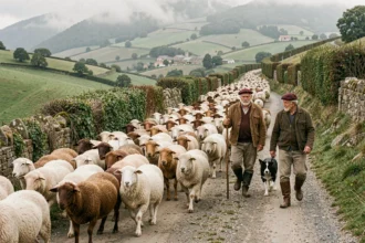Troupeau de brebis manech guidé par des bergers basques lors de la transhumance dans les Pyrénées basques