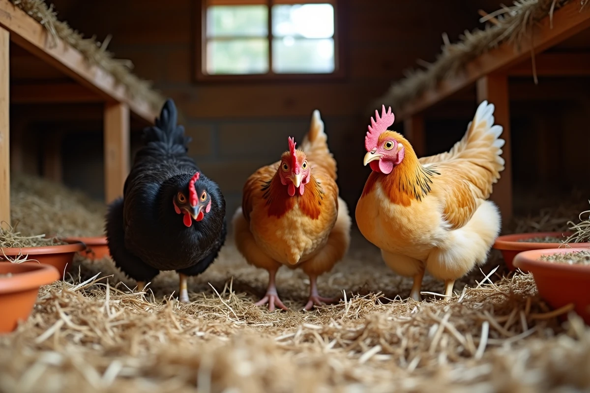 Trois poules Brahma de couleurs différentes en train de picorer dans un poulailler en bois avec paille