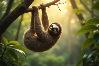 Un unau suspendu à une branche dans une forêt luxuriante