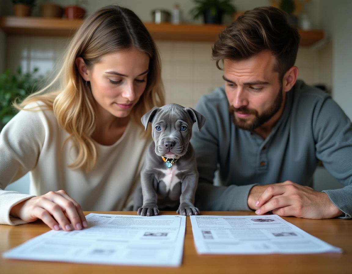 Couple consultant les documents de santé et le pedigree d'un chiot Bulldog Pocket chez un éleveur responsable