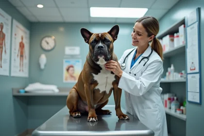 Vétérinaire examinant un gros chien bulle XXL dans une clinique moderne