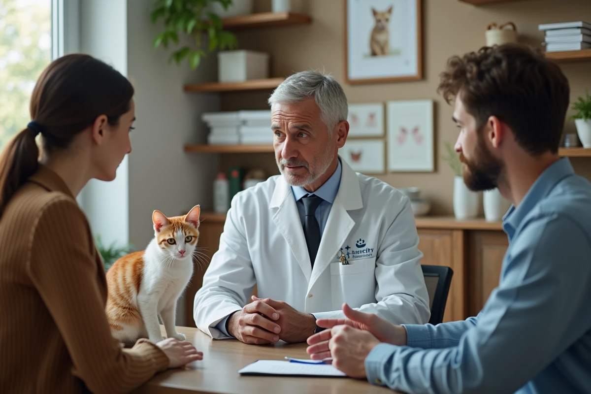 Vétérinaire expliquant les bienfaits du croquette à un couple