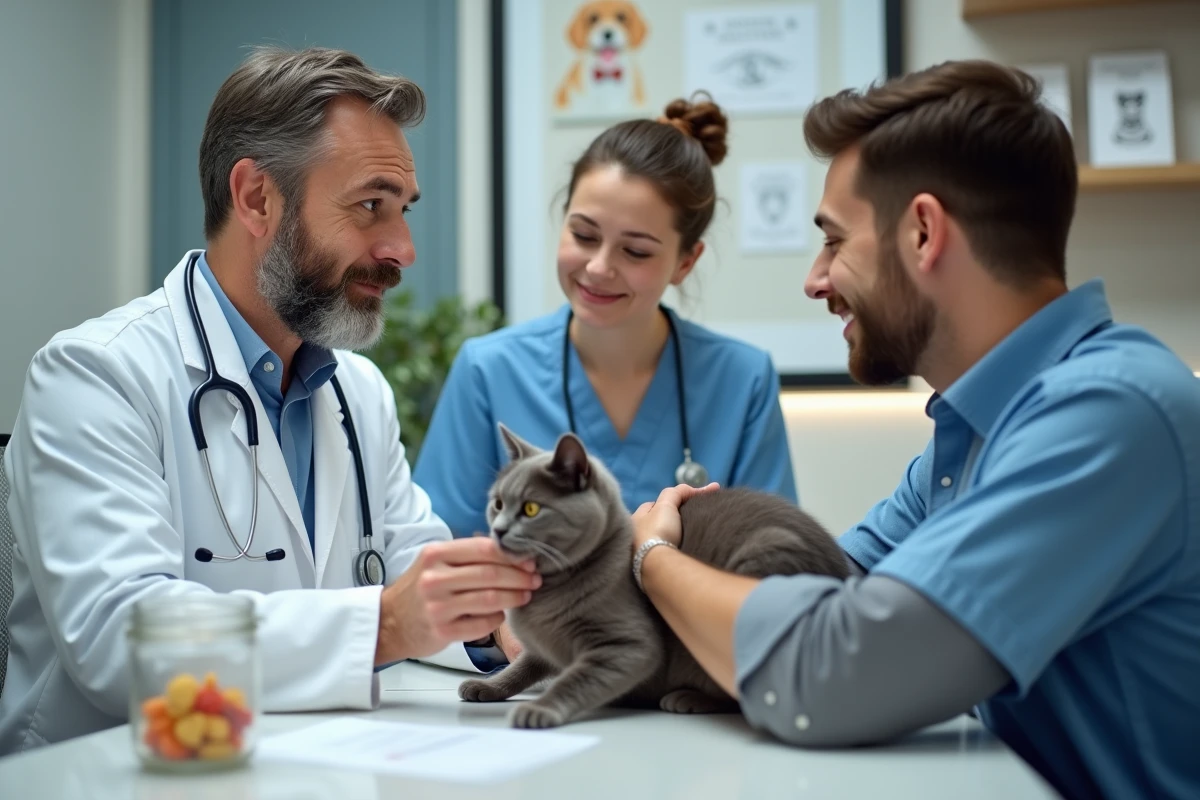 Vétérinaire avec couple et chat gris dans une clinique