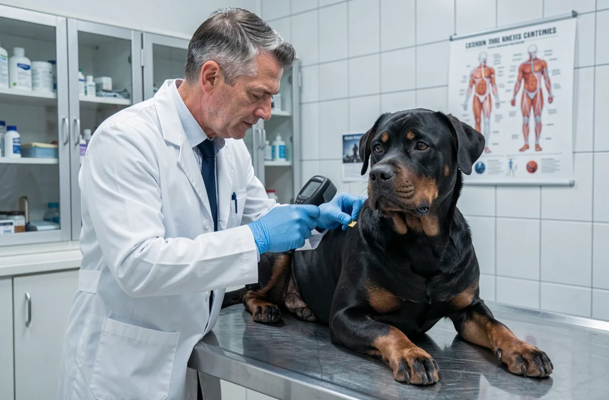 Vétérinaire vérifiant la puce électronique d'un chien de catégorie 3 lors d'un contrôle obligatoire en clinique