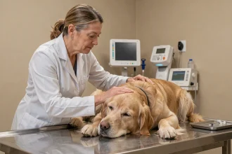 Vétérinaire accompagnant un vieux chien golden retriever lors d'une consultation d'euthanasie dans une clinique vétérinaire