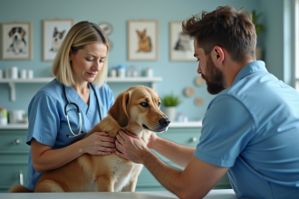 Vétérinaire examinant un chien dans une clinique propre