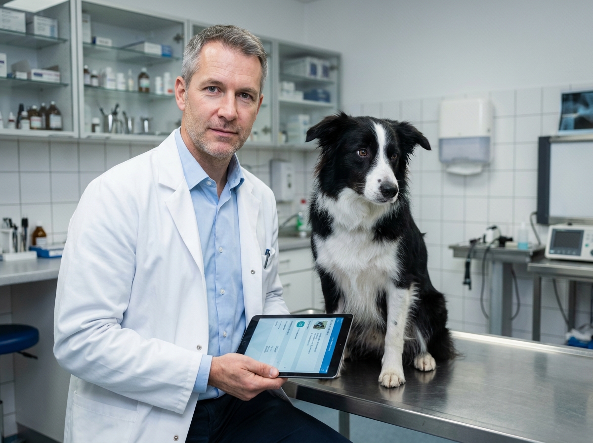 Vétérinaire consultant le dossier de santé d'un border collie sur tablette dans une clinique vétérinaire professionnelle