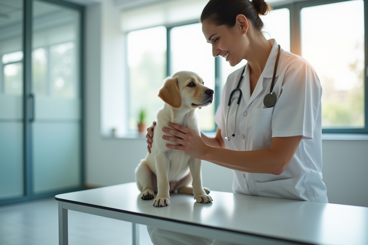 Vétérinaire examinant un labrador miniature en clinique