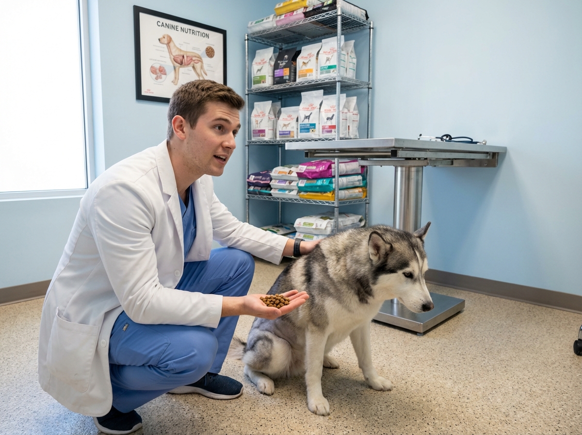 Vétérinaire montrant de la nourriture pour chien à un husky