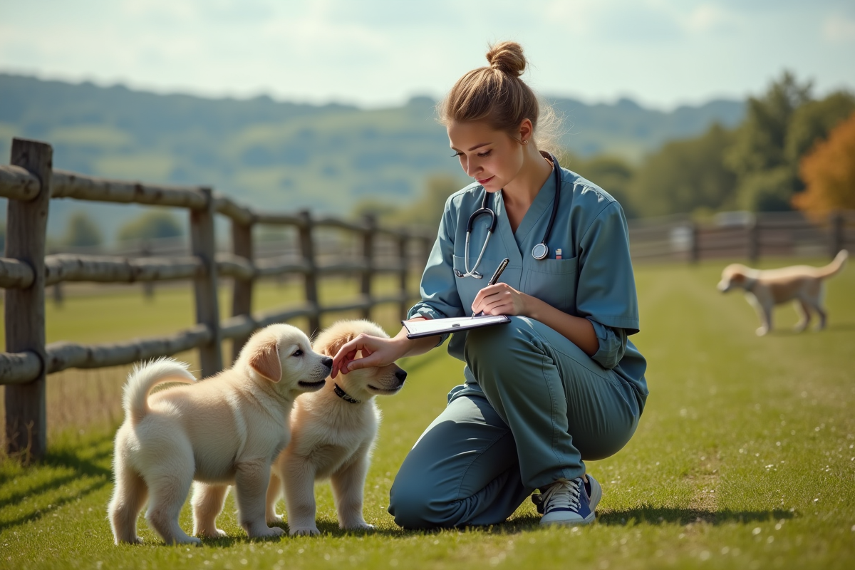 Vétérinaire jeune contrôlant un chiot dans un champ