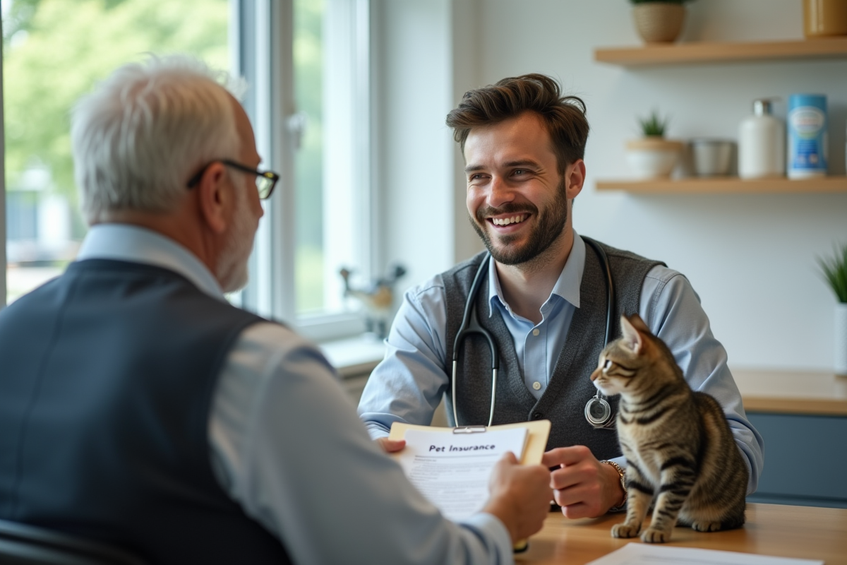 Vétérinaire remettant un dossier à un client âgé avec un chat