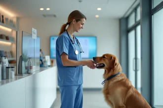 Vétérinaire saluant un propriétaire avec chien dans la clinique