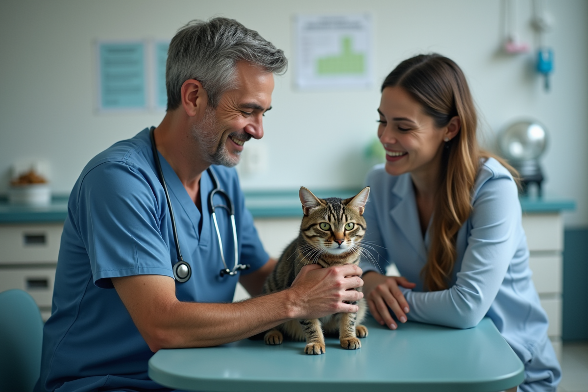 Vétérinaire calme avec un chat lors d