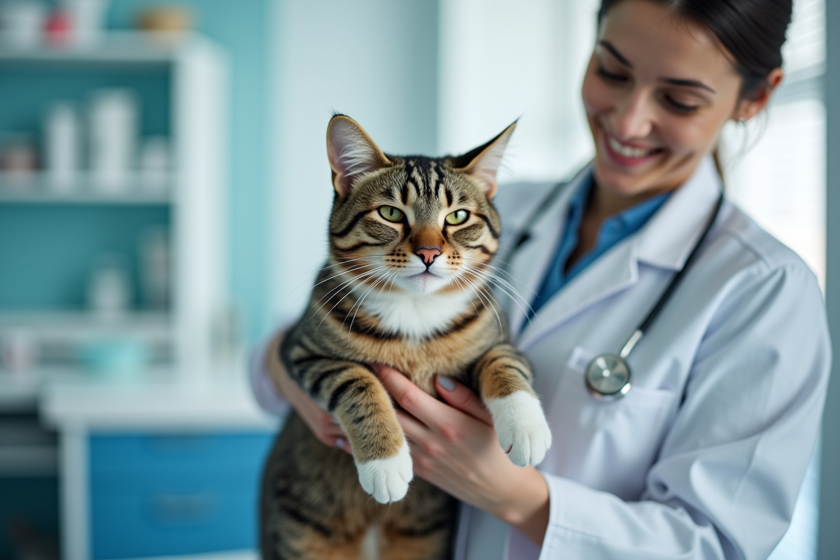 Veterinaire tenant un chat lors d un controle en clinique moderne