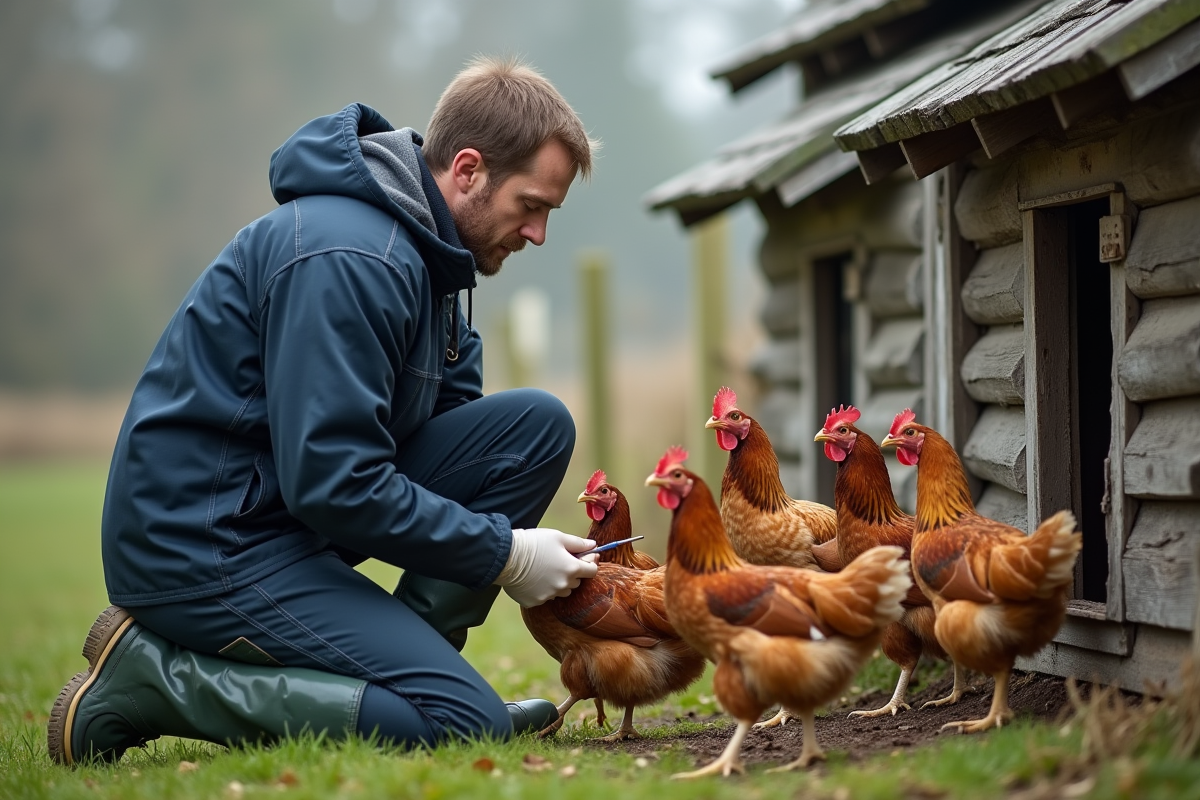 Vétérinaire donnant un vermifuge aux poules dans le jardin
