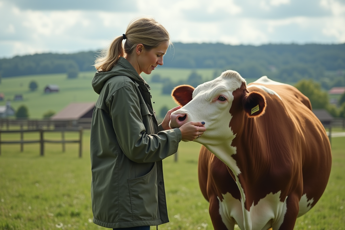 Vétérinaire femme examine une vache laitière dans un pré rural